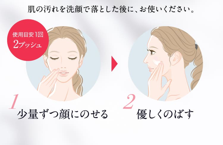 1.少量ずつ顔にのせる 2.優しくのばす